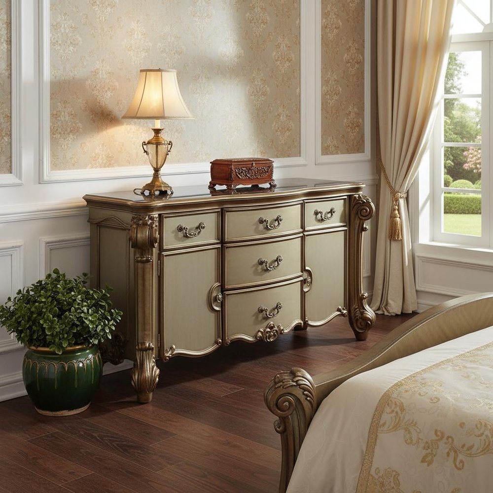 55" Gold Carved Scrollwork Solid Wood Two Drawer Combo Dresser