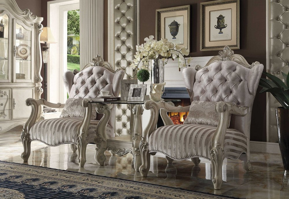 33" Ivory and Pearl Velvet Striped Tufted Wingback Chair And Toss Pillow
