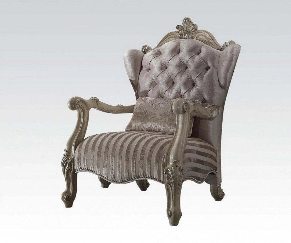 33" Ivory and Pearl Velvet Striped Tufted Wingback Chair And Toss Pillow
