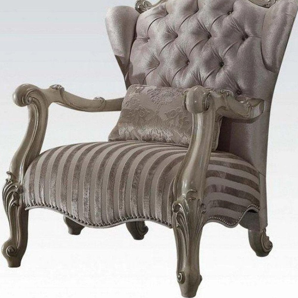 33" Ivory and Pearl Velvet Striped Tufted Wingback Chair And Toss Pillow