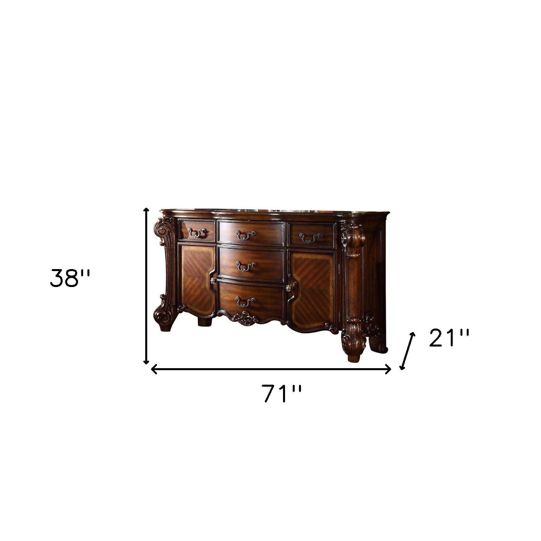 70" Cherry Oak Solid Wood Five Drawer Combo Dresser