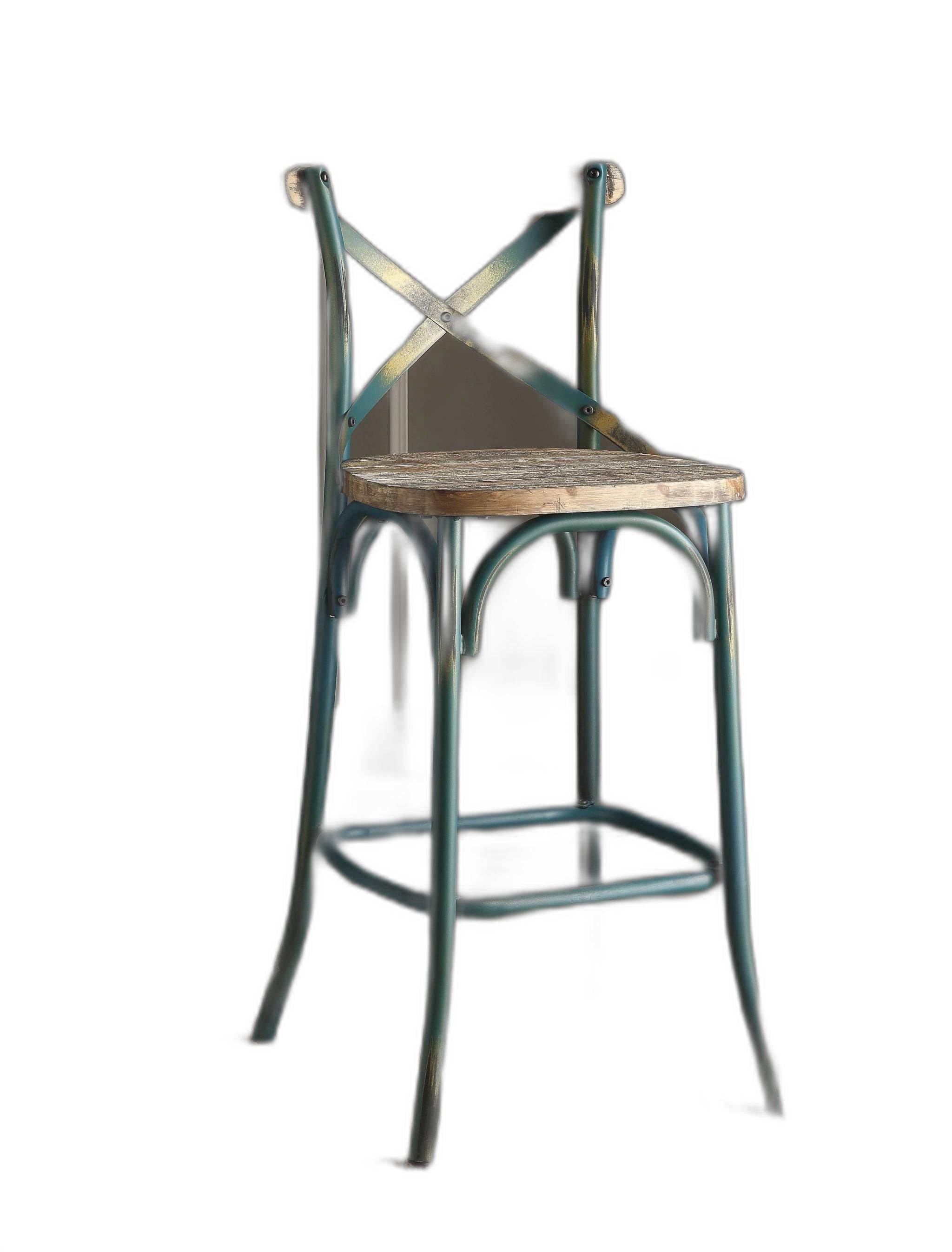 21" Brown And Turquoise Solid Wood And Metal Bar Chair