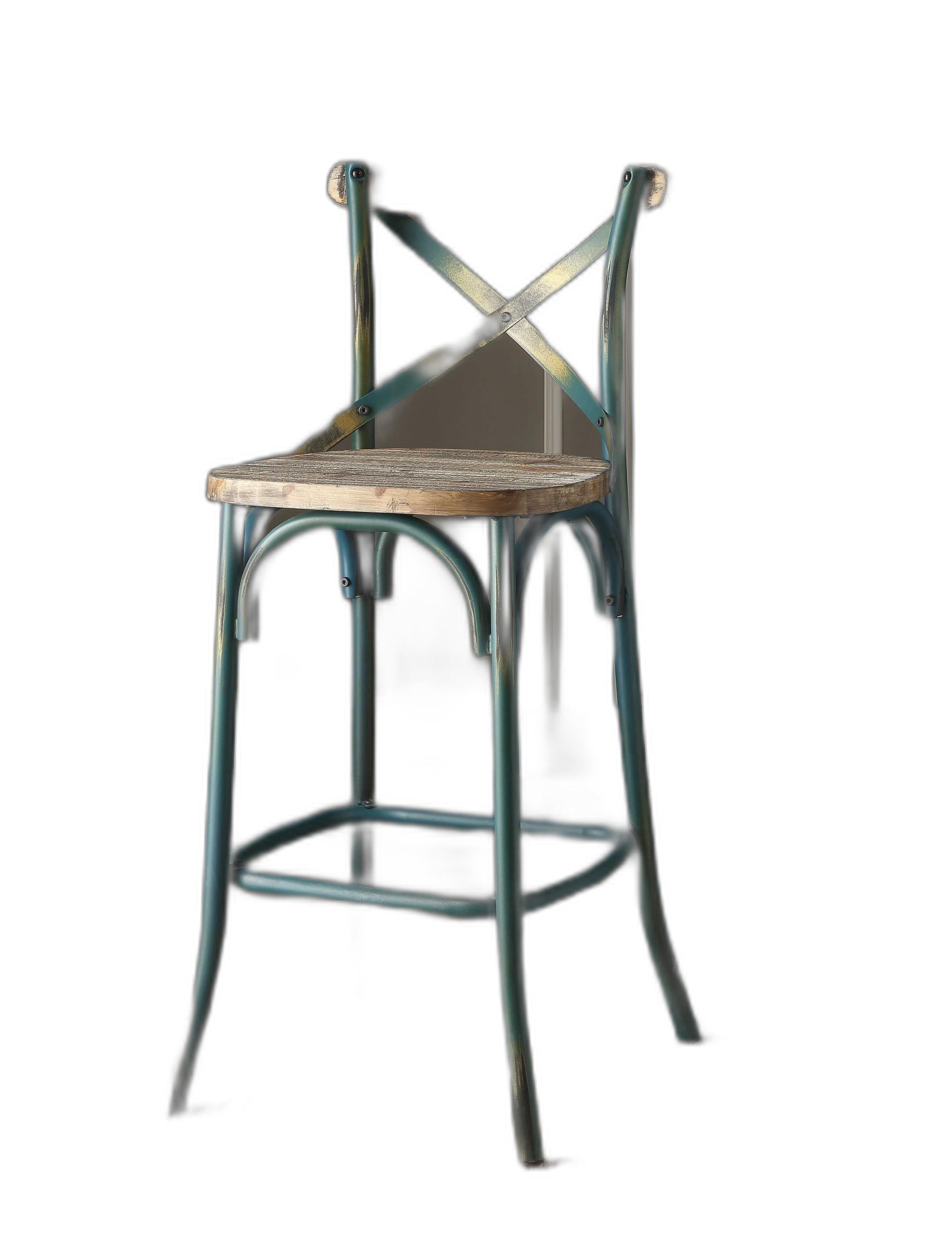 21" Brown And Turquoise Solid Wood And Metal Bar Chair