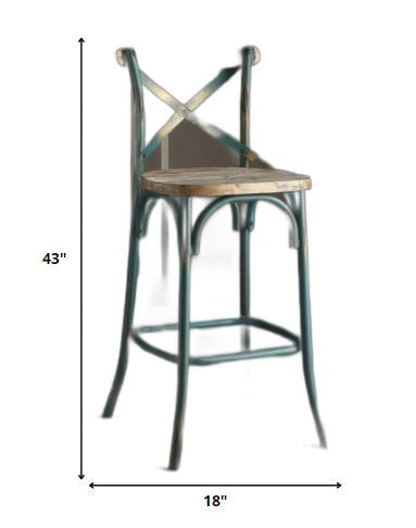 21" Brown And Turquoise Solid Wood And Metal Bar Chair