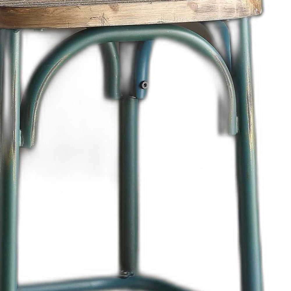 21" Brown And Turquoise Solid Wood And Metal Bar Chair