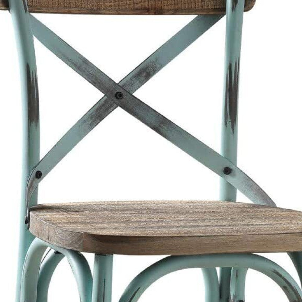 21" Brown And Turquoise Solid Wood And Metal Bar Chair