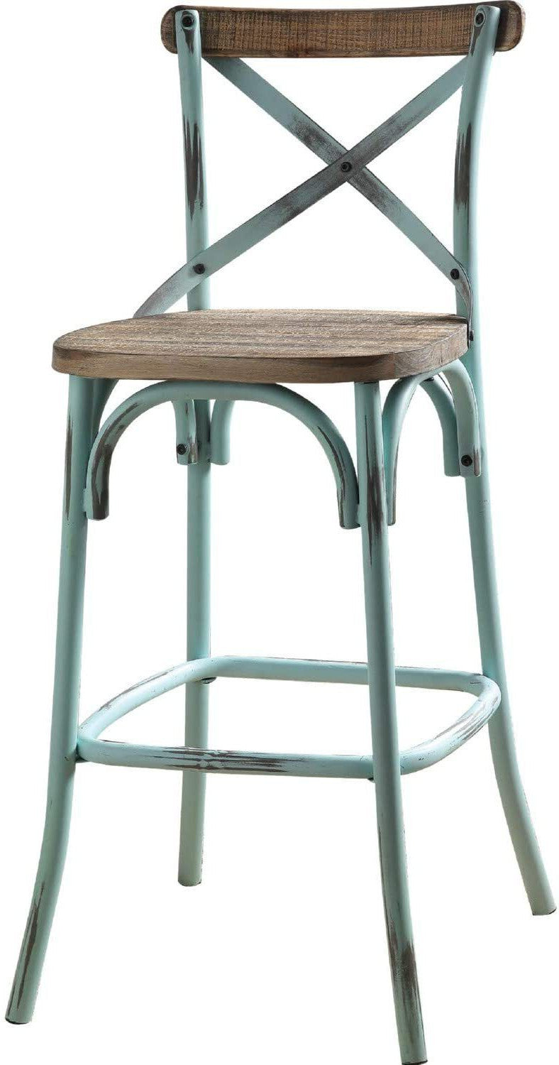 21" Brown And Turquoise Solid Wood And Metal Bar Chair