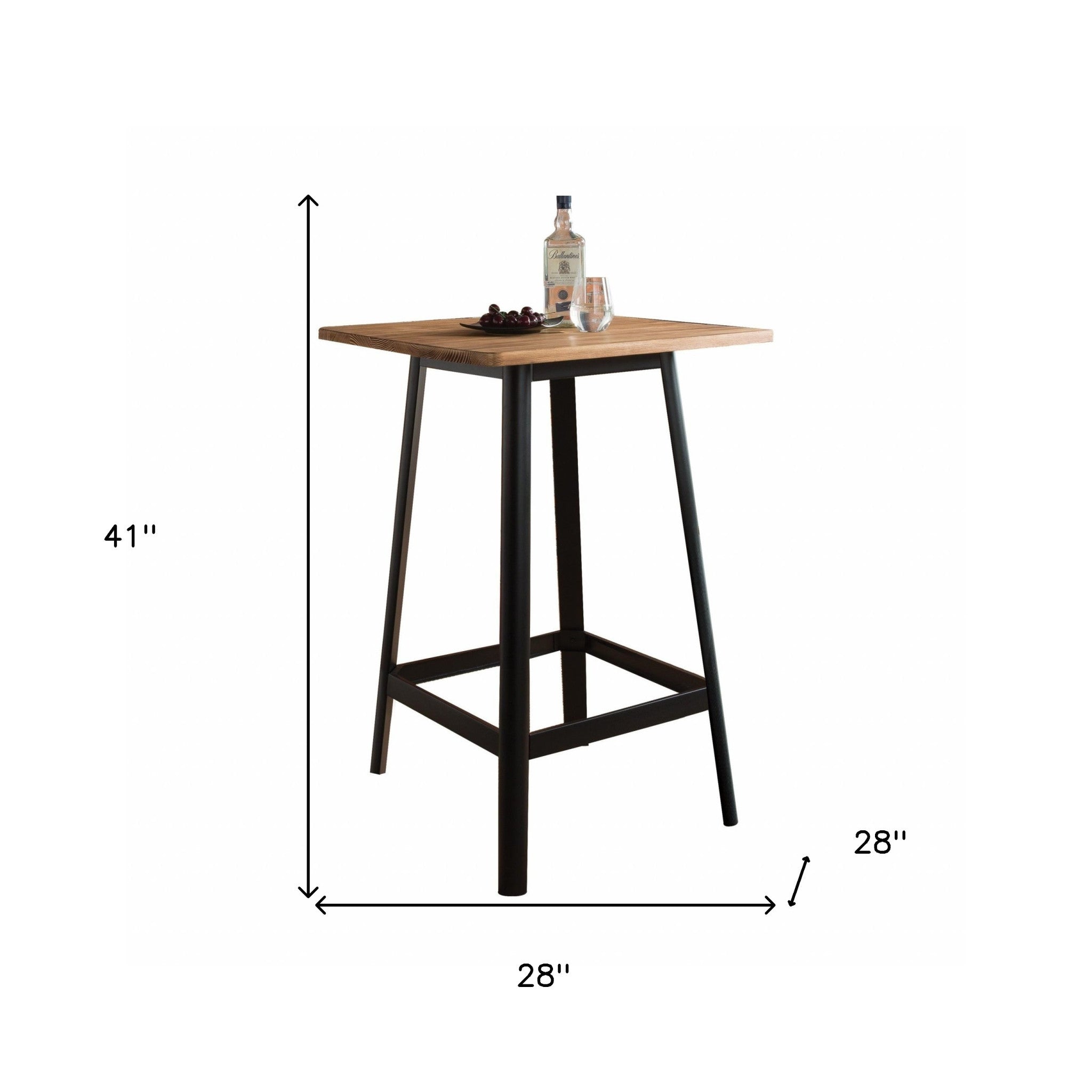 28" Natural and Black Square Solid Wood and Brass Bar Table