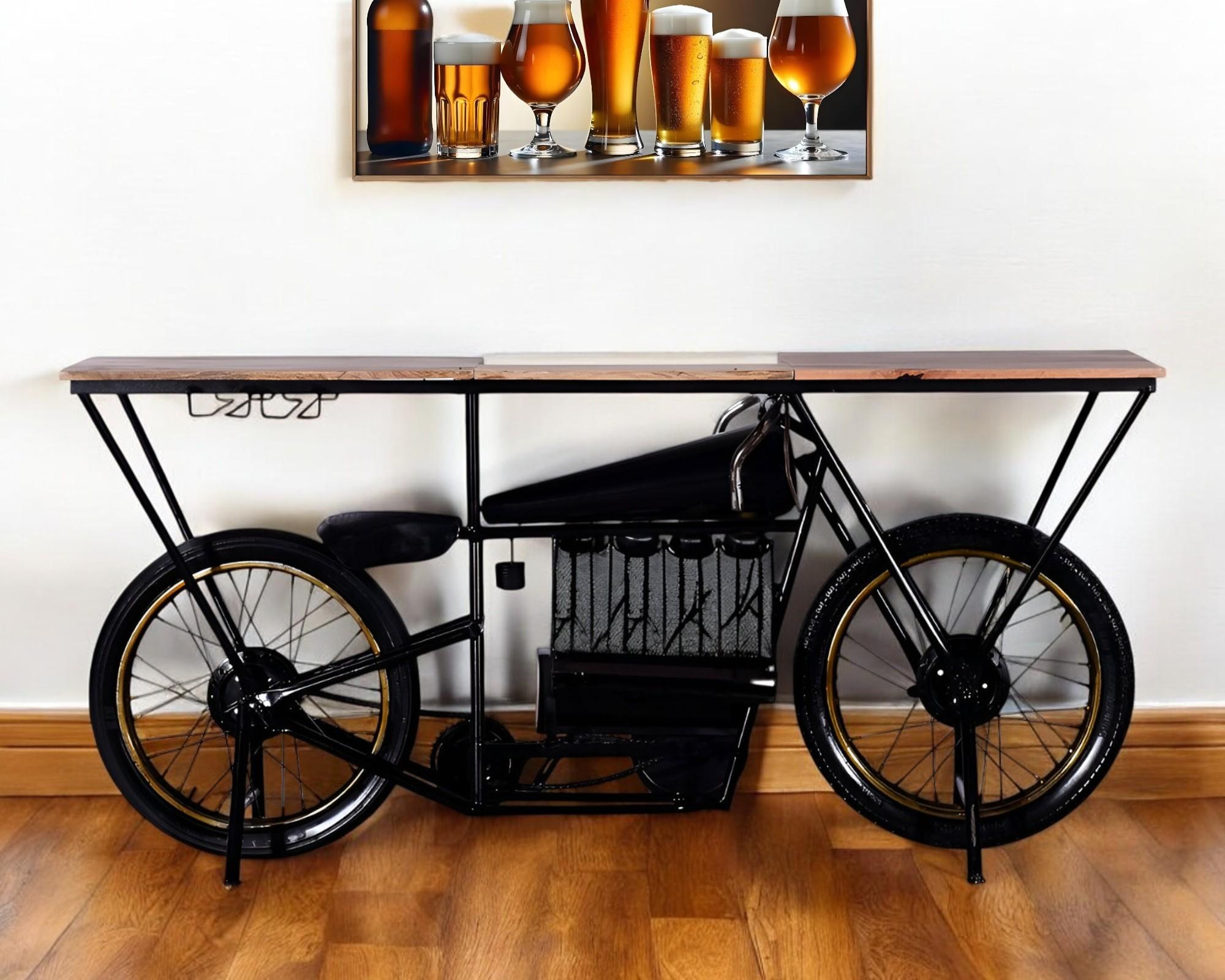 17" Black Metal and Solid Wood Motorcycle Bar Cart With Wine Storage