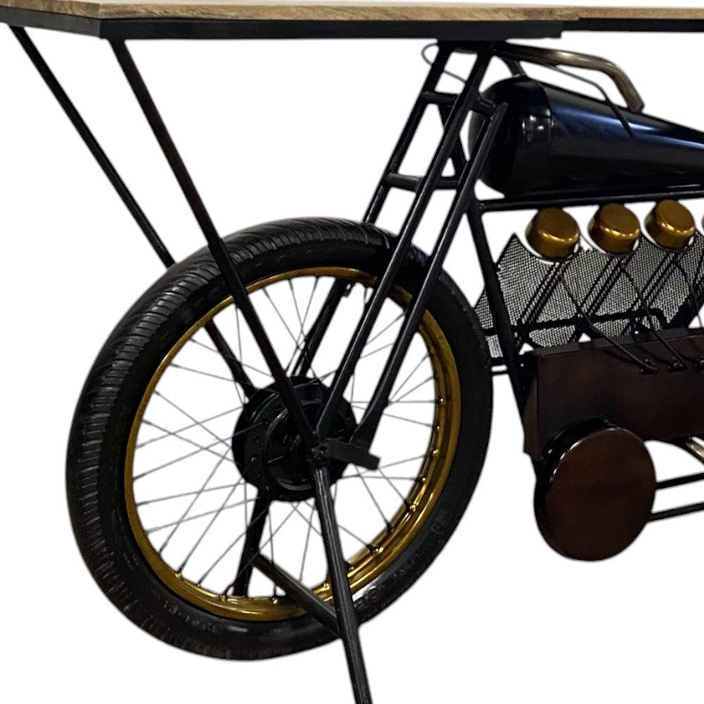 17" Black Metal and Solid Wood Motorcycle Bar Cart With Wine Storage