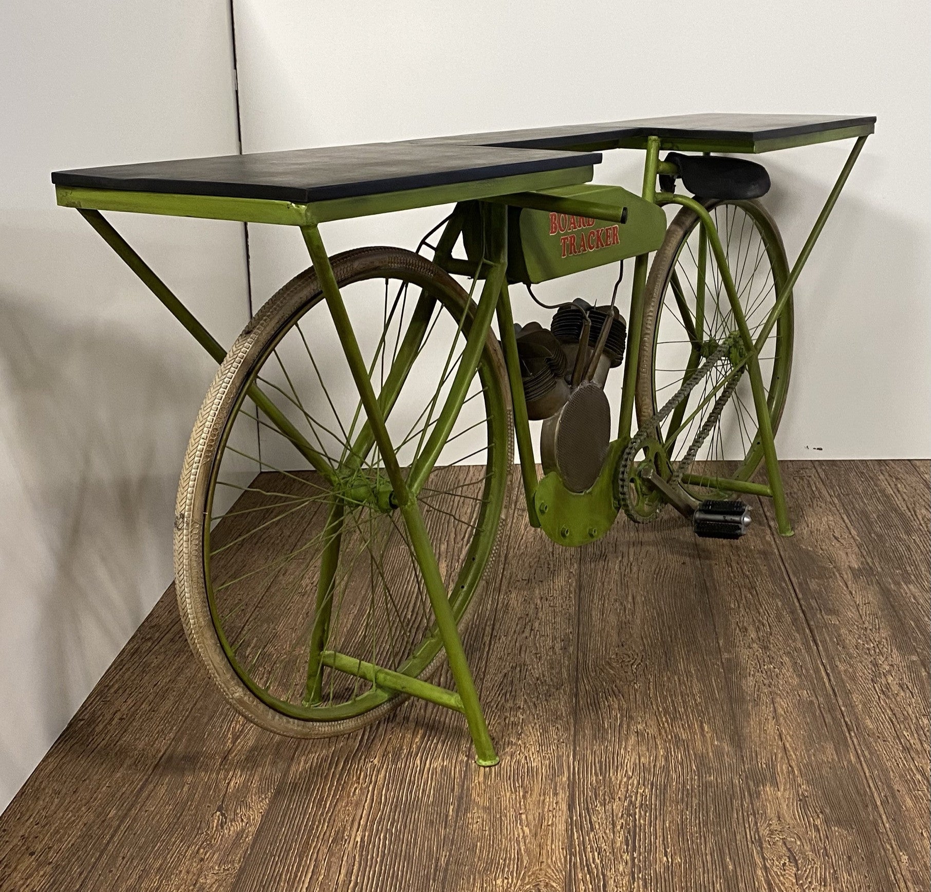 71" Brown and Green Solid Wood and Metal Bike Kitchen Cart