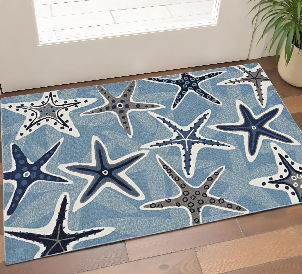 2' X 3' Navy Blue And Aqua Starfish Hand Tufted Area Rug