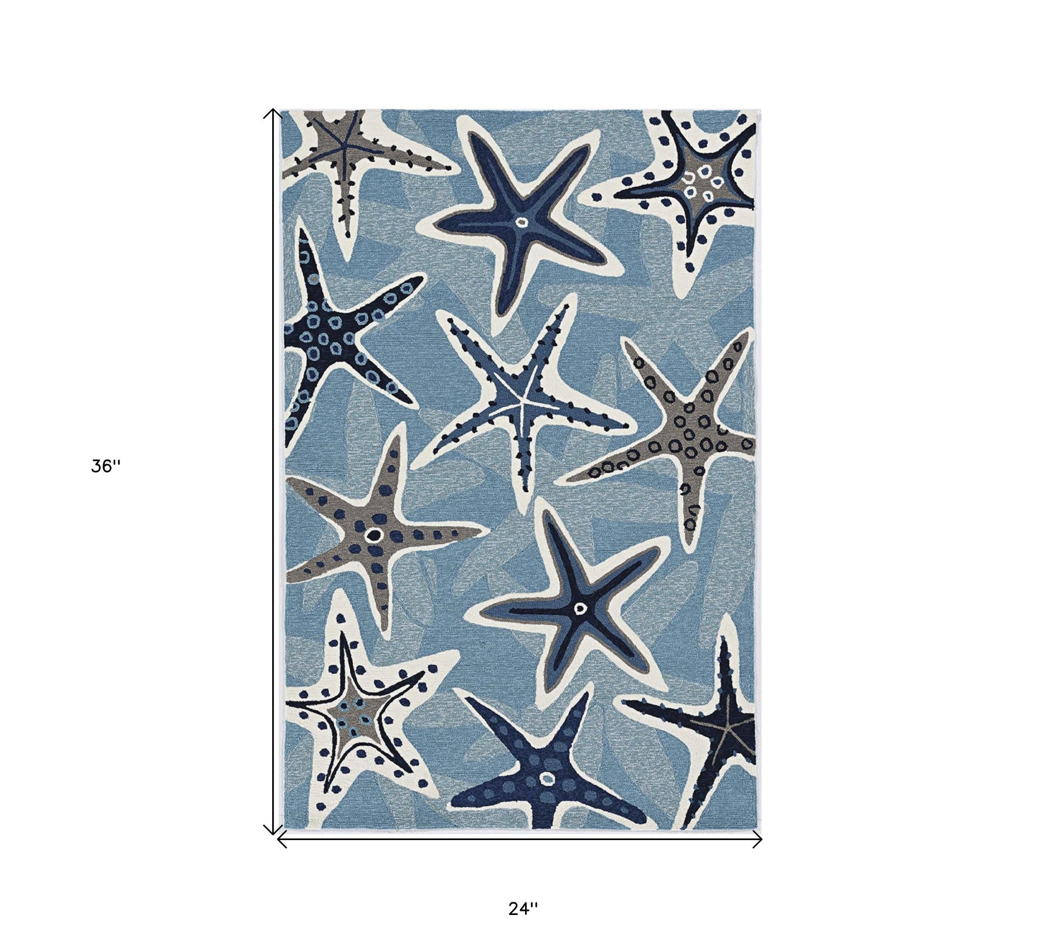 2' X 3' Navy Blue And Aqua Starfish Hand Tufted Area Rug