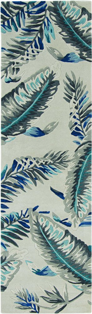 8' Blue And Gray Wool Botanical Leaves Hand Tufted Runner Rug
