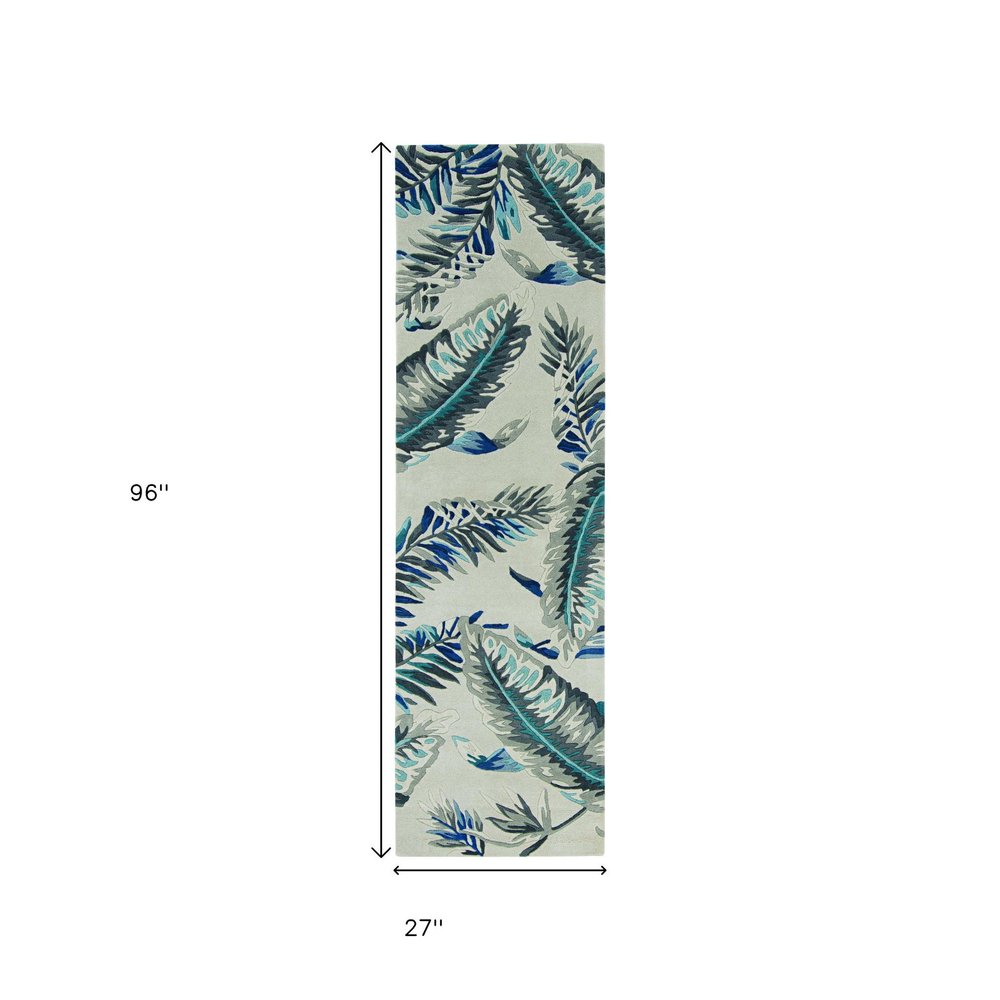 8' Blue And Gray Wool Botanical Leaves Hand Tufted Runner Rug