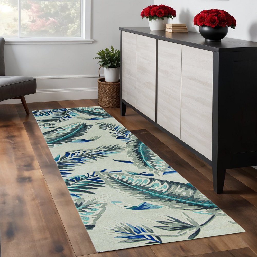 8' Blue And Gray Wool Botanical Leaves Hand Tufted Runner Rug