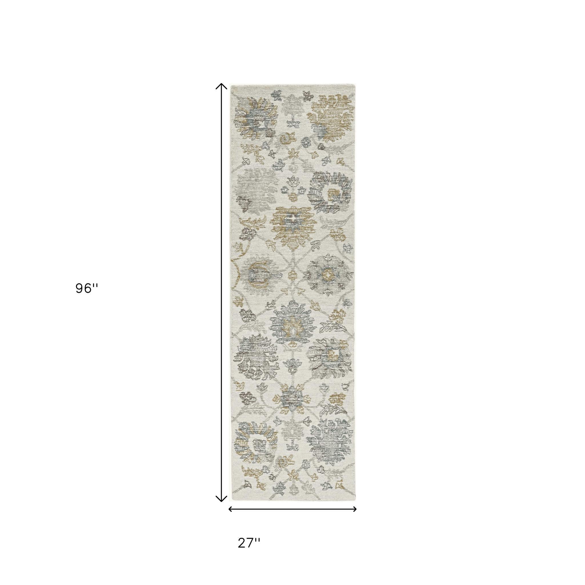 8' Ivory Gray And Green Wool Floral Hand Tufted Runner Rug