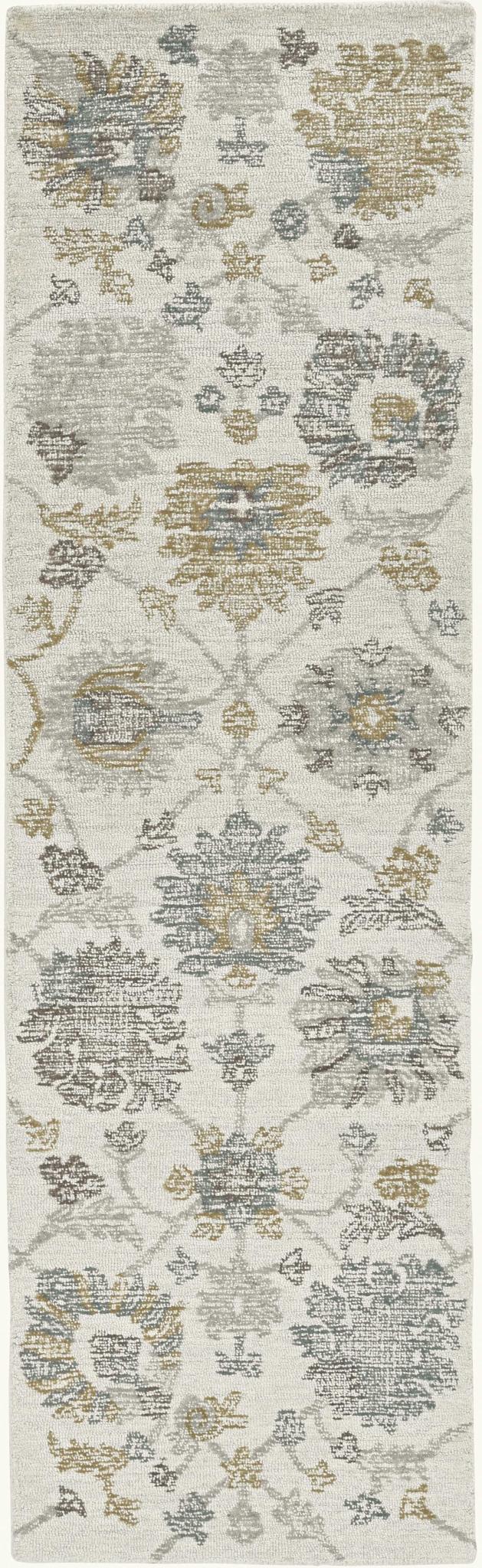 8' Ivory Gray And Green Wool Floral Hand Tufted Runner Rug