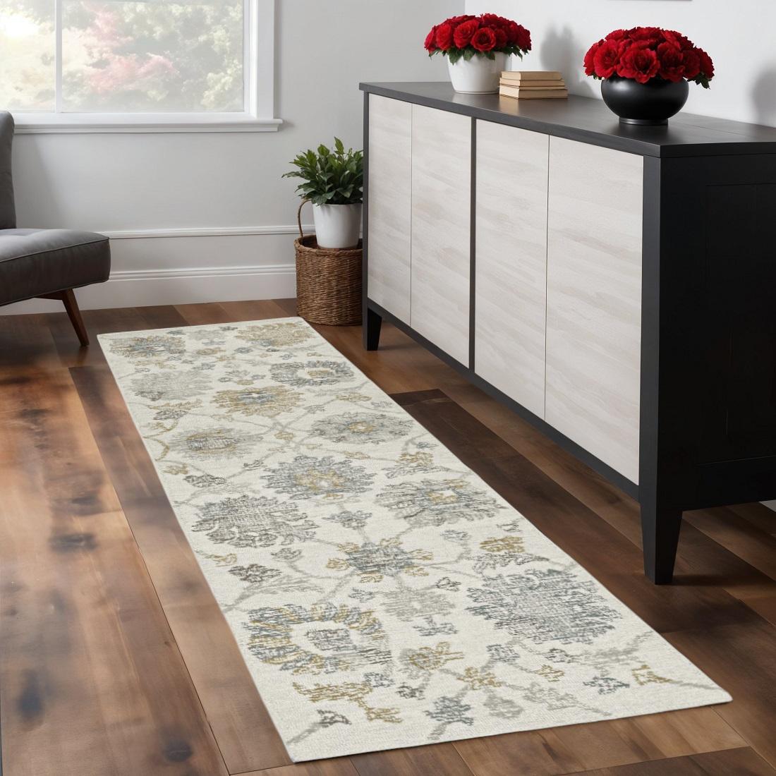 8' Ivory Gray And Green Wool Floral Hand Tufted Runner Rug