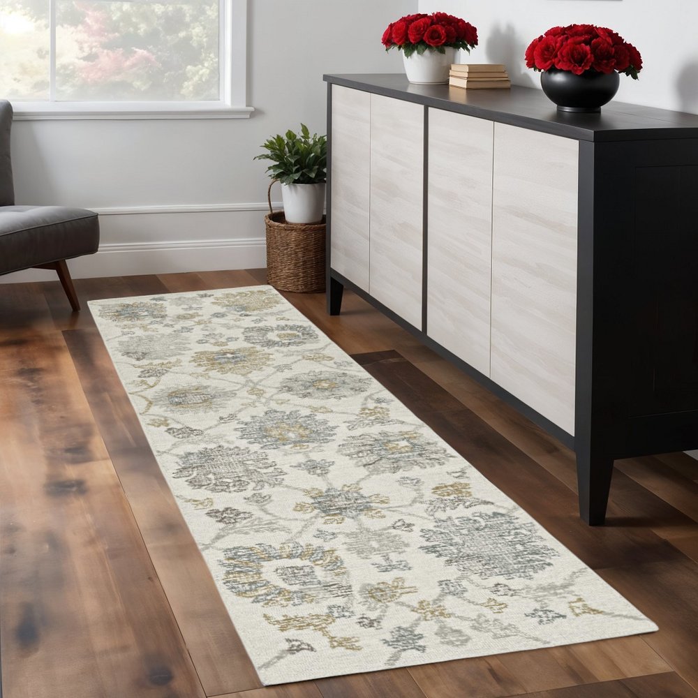 8' Ivory Gray And Green Wool Floral Hand Tufted Runner Rug