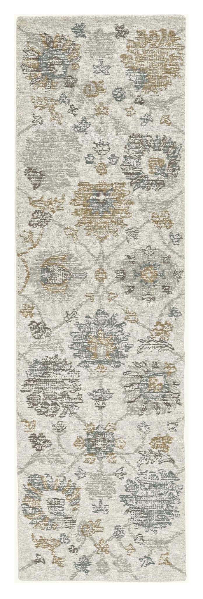 8' Ivory Gray And Green Wool Floral Hand Tufted Runner Rug