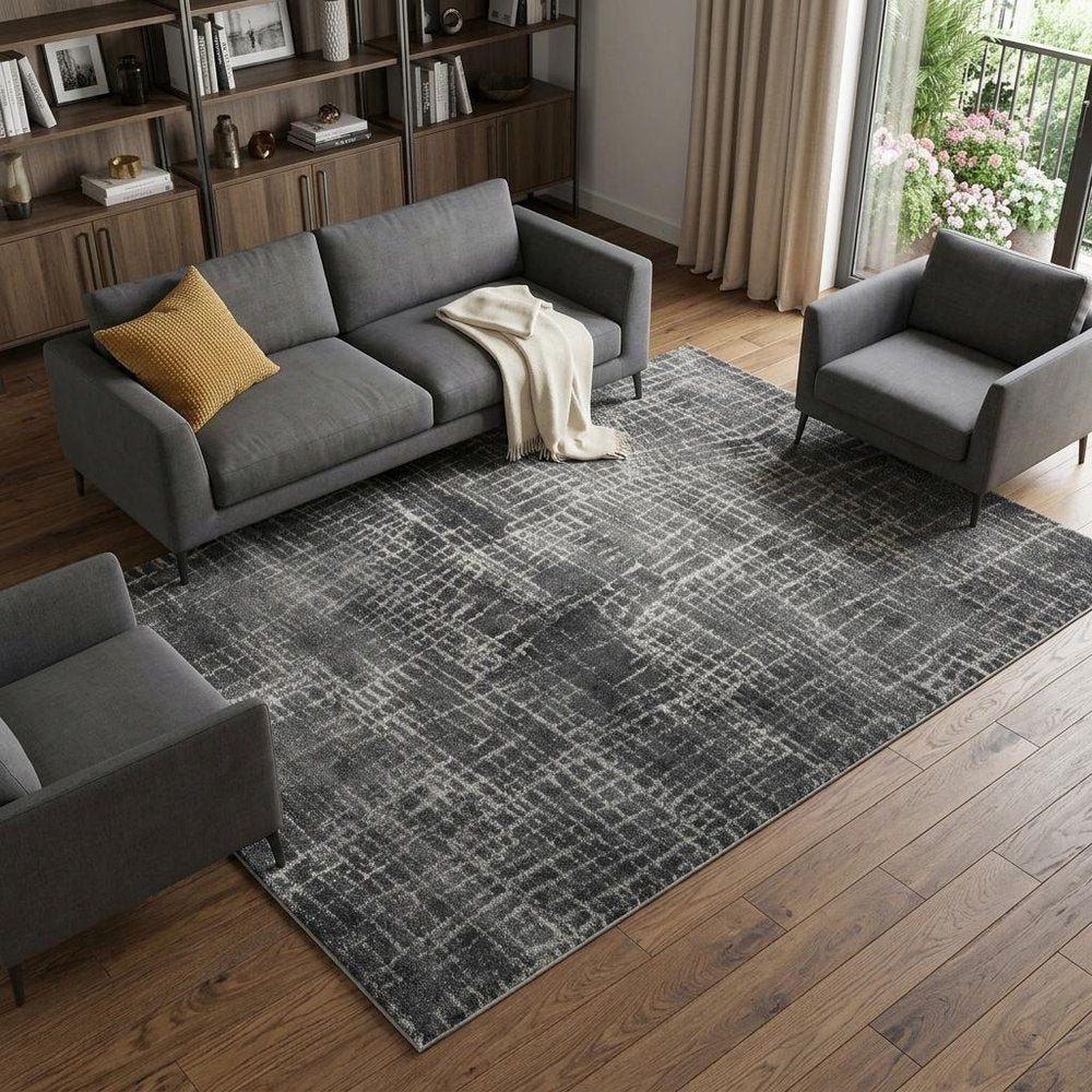 9' X 13' Gray And Dark Gray Abstract Distressed Area Rug