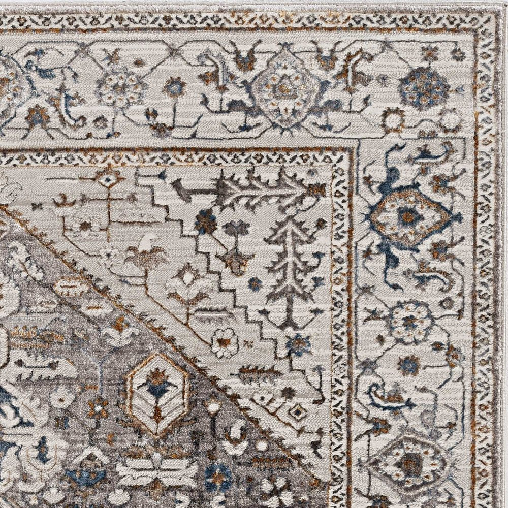7' Gray Brown And Teal Floral Medallion Area Rug