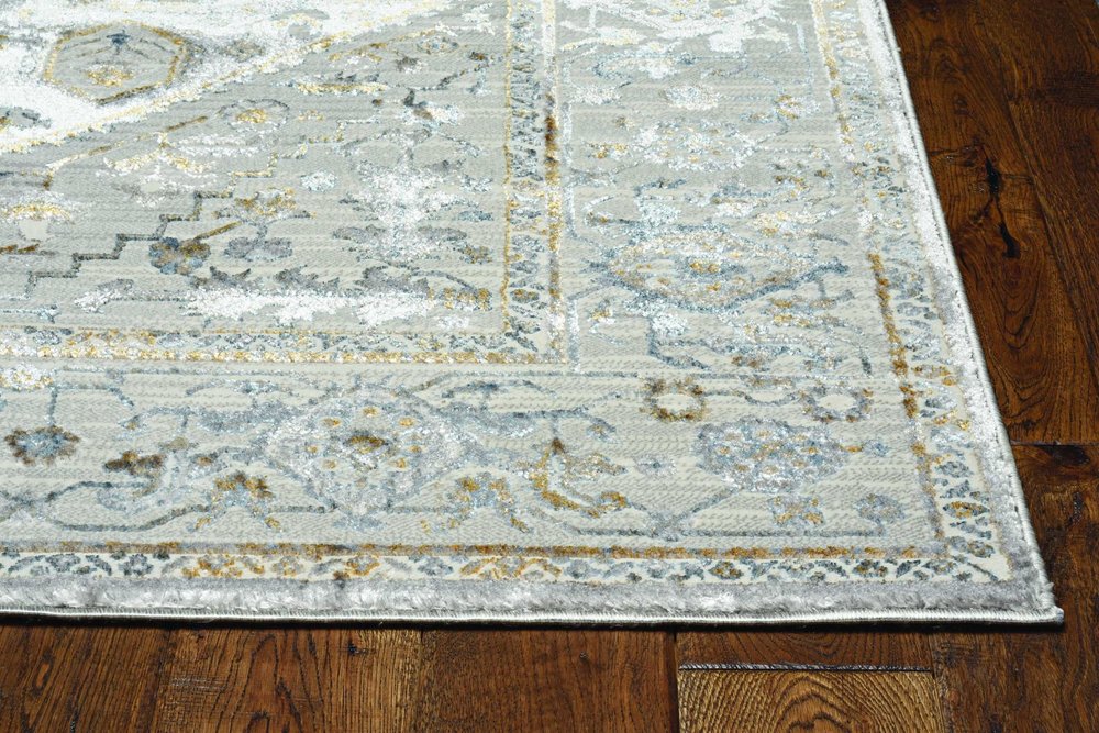 7' Gray Brown And Teal Floral Medallion Area Rug