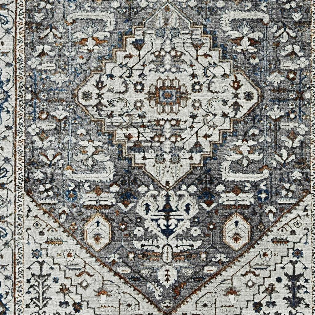 7' Gray Brown And Teal Floral Medallion Area Rug