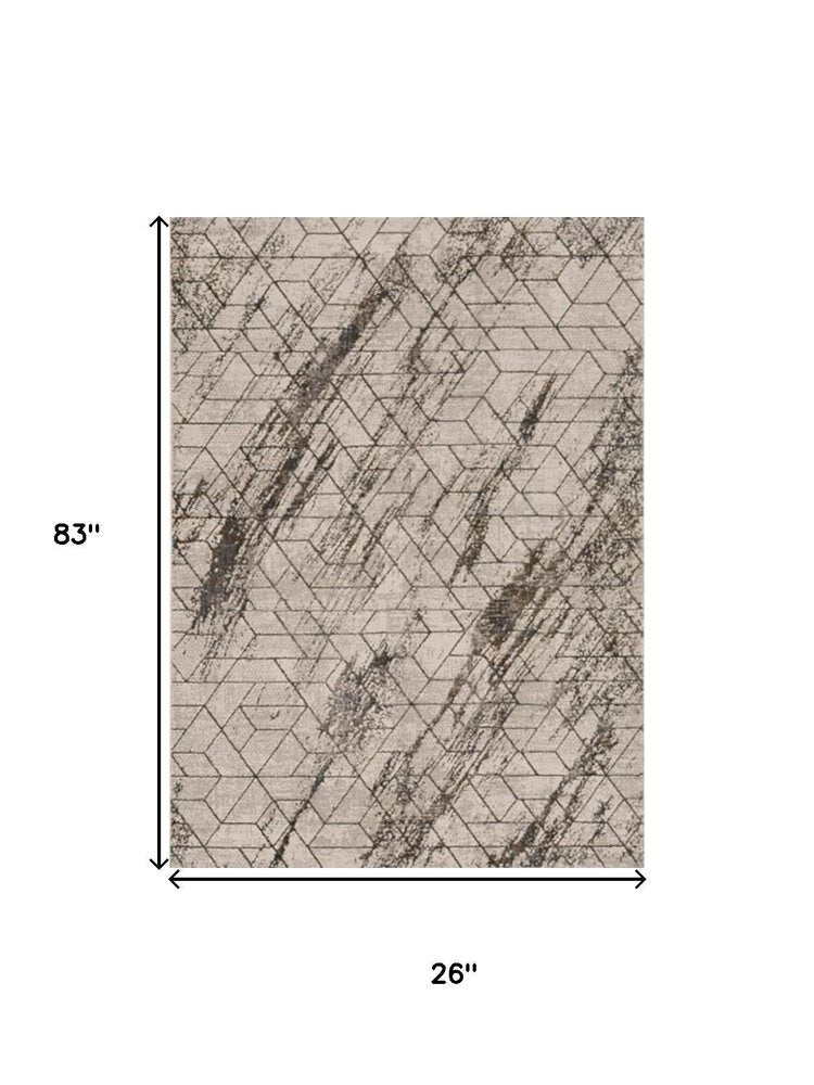 7' Ivory Machine Woven Abstract Geometric Indoor Runner Rug