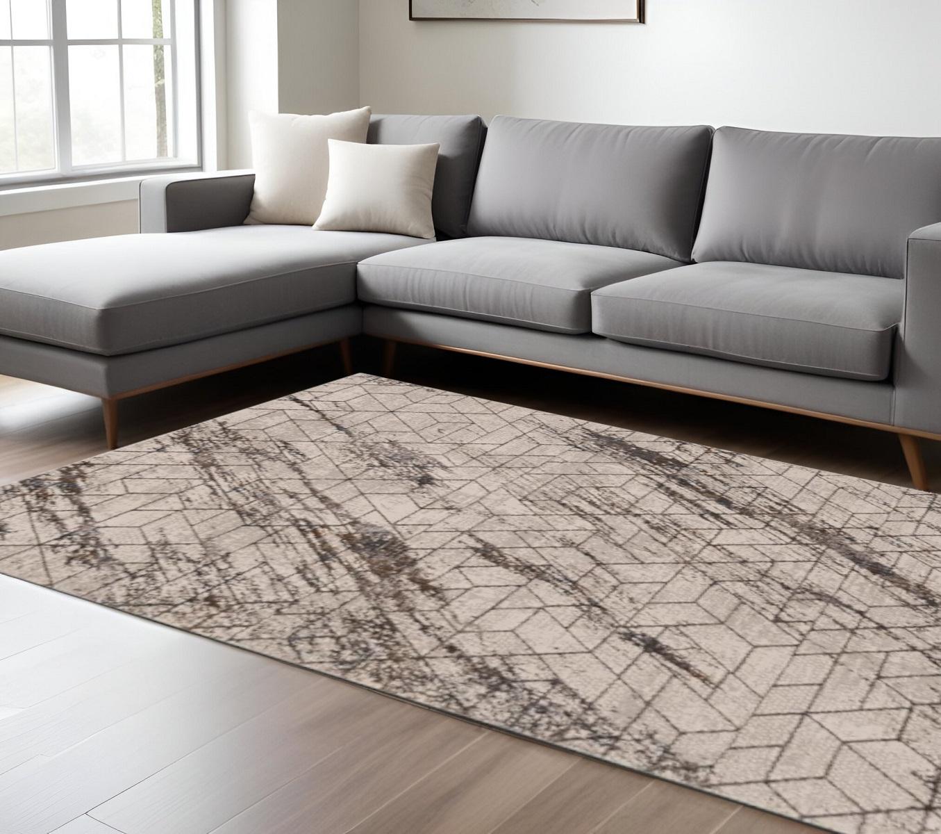 7' X 10' Ivory And Brown Geometric Area Rug