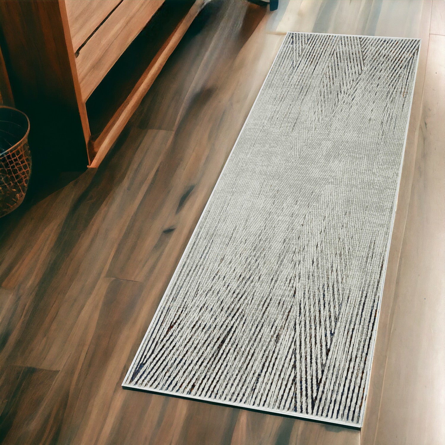 7' Ivory Grey Machine Woven Geometric Lines Indoor Runner Rug