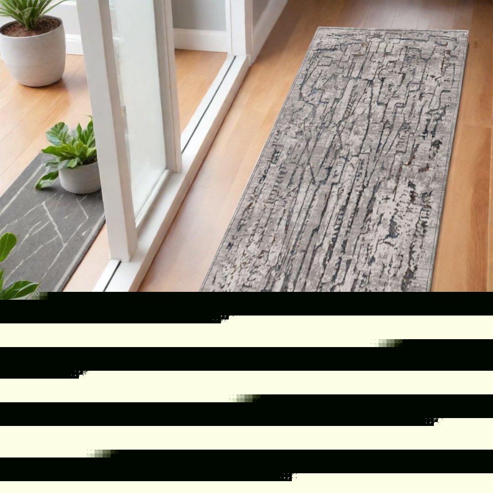 7' Gray And Black Abstract Runner Rug