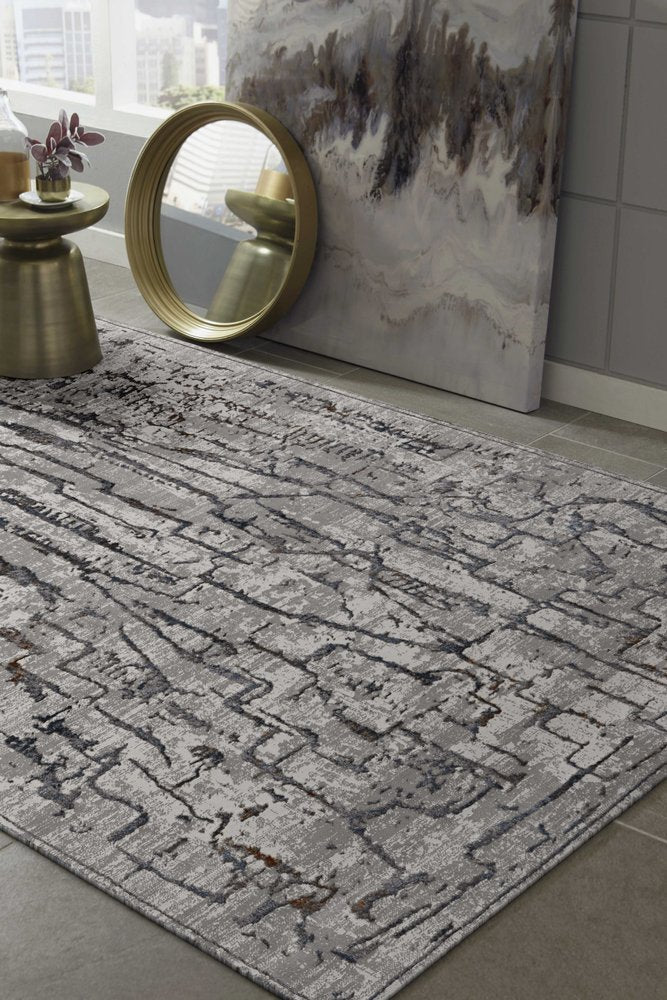 7' Gray And Black Abstract Runner Rug