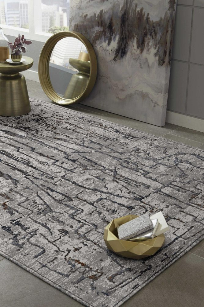 7' Gray And Black Abstract Runner Rug