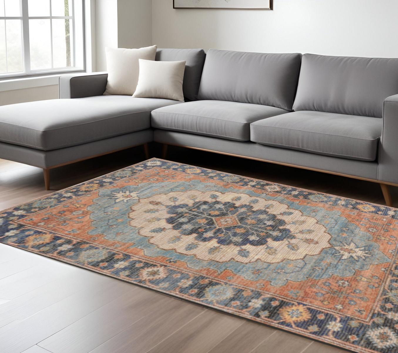 8' X 10' Blue Orange And Black Medallion Hand Woven Distressed Area Rug