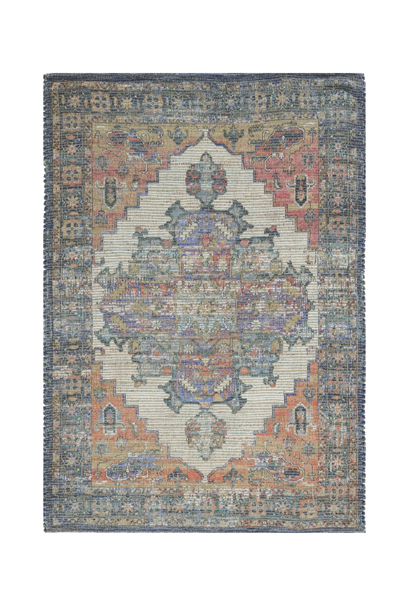 8' X 10' Blue Brick Red And Brown Medallion Hand Woven Distressed Area Rug