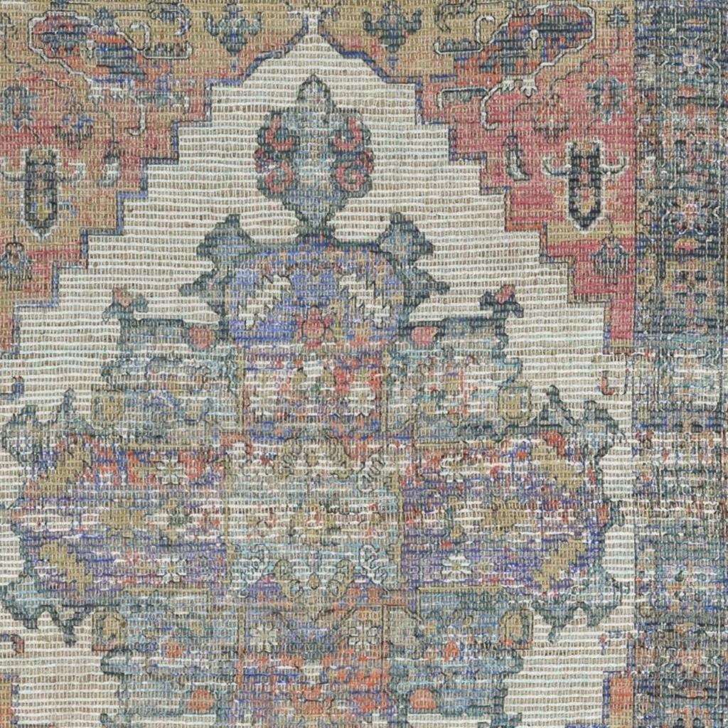 8' X 10' Blue Brick Red And Brown Medallion Hand Woven Distressed Area Rug