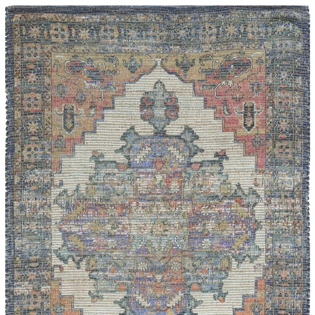 8' X 10' Blue Brick Red And Brown Medallion Hand Woven Distressed Area Rug