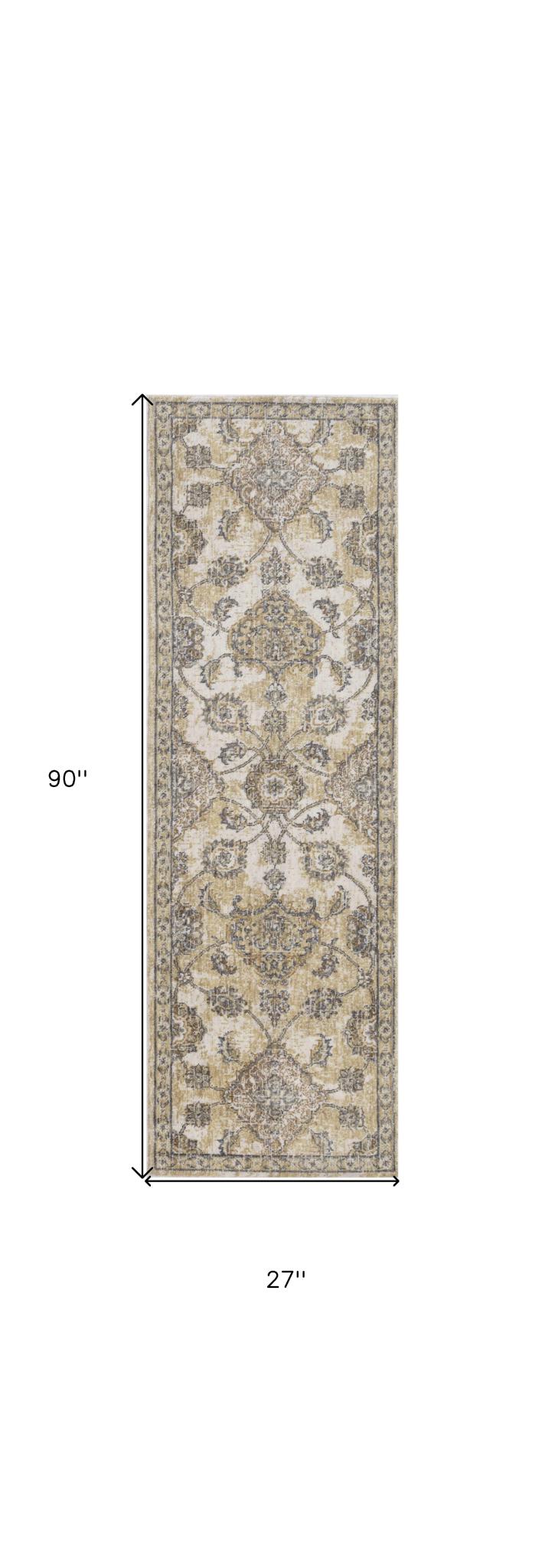 7' Ivory Beige And Gray Wool Floral Medallion Runner Rug