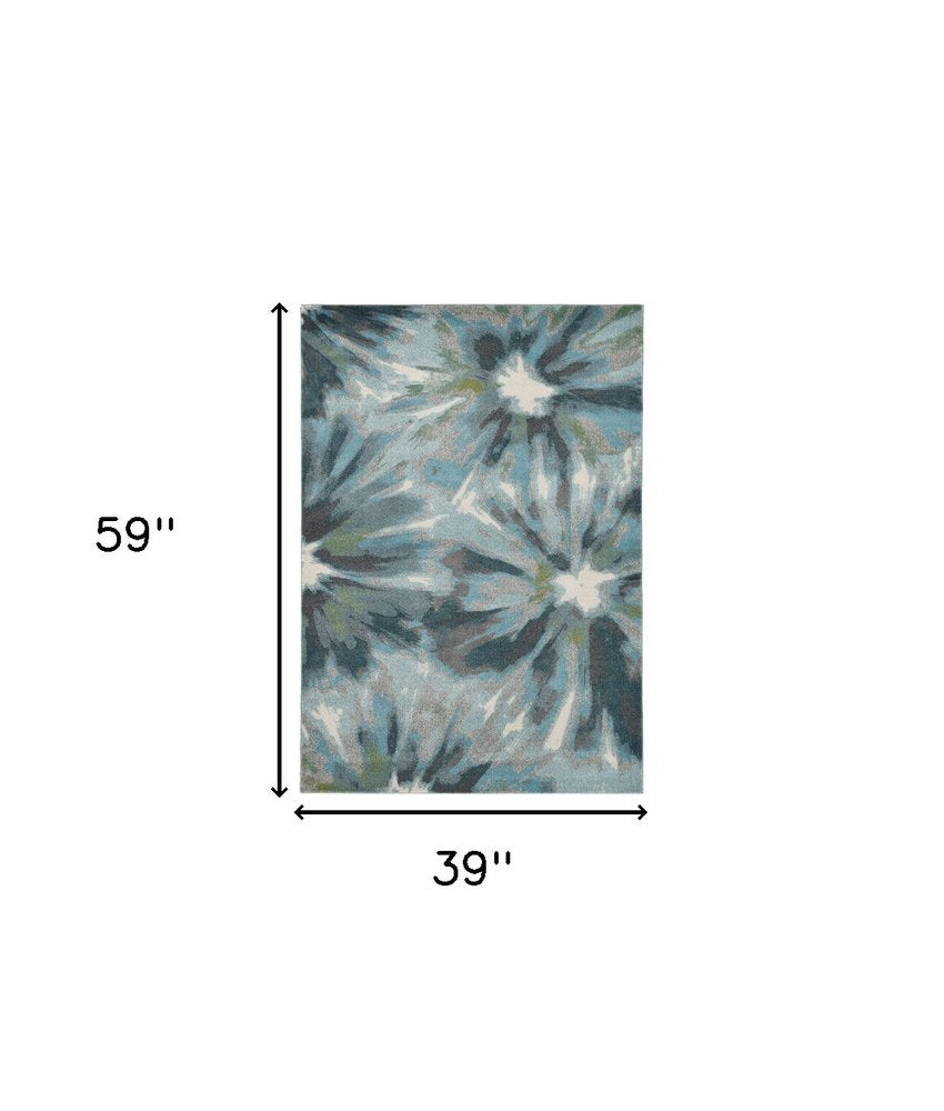 3' X 5' Teal Ivory And Gray Floral Area Rug