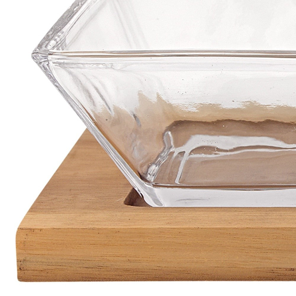 4 Mouth Blown Crystal Hostess Set   4 Pc With 3 Glass Condiment Or Dip Bowls On A Wood Tray