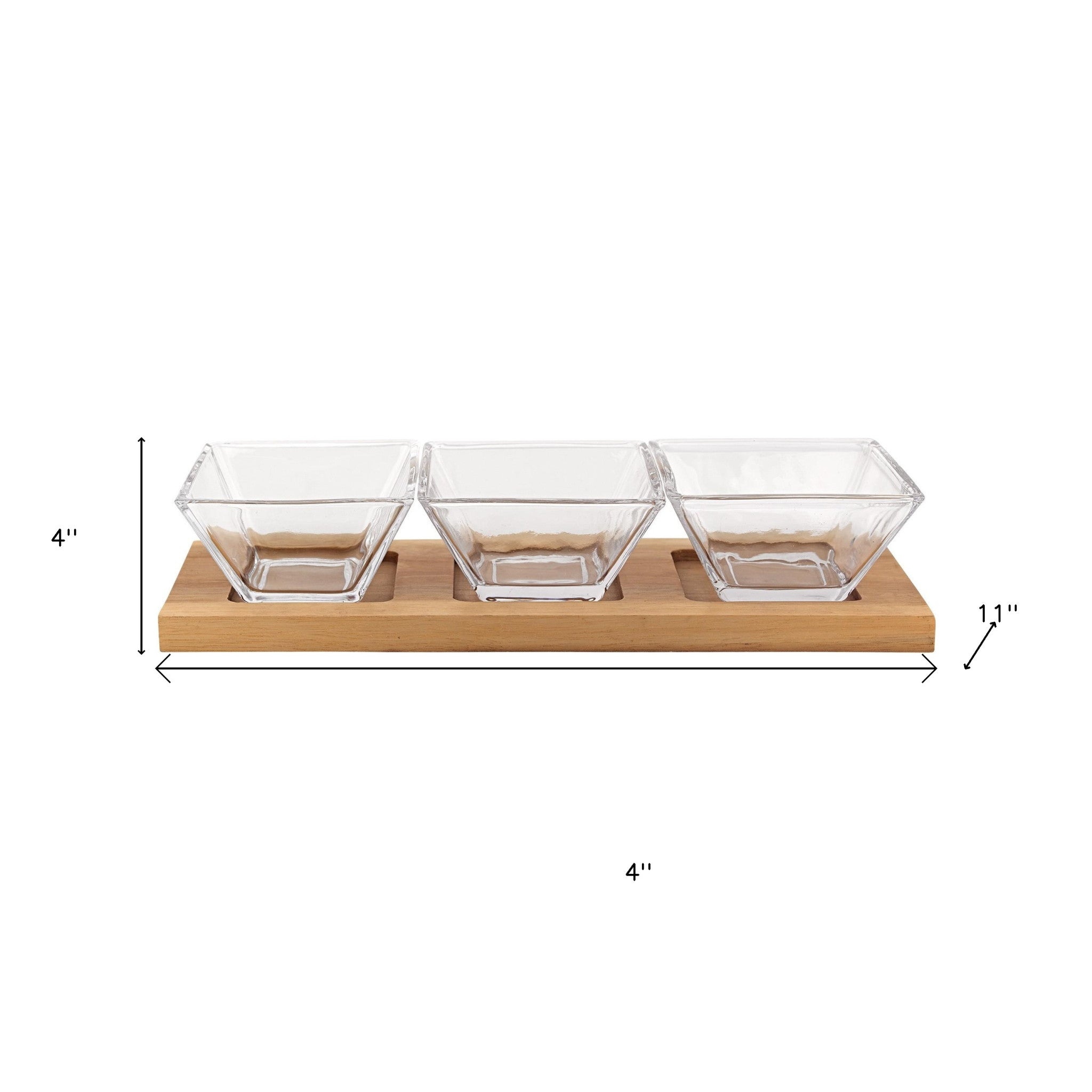 Four Piece Clear And Natural Crystal And Solid Wood Condiment Server