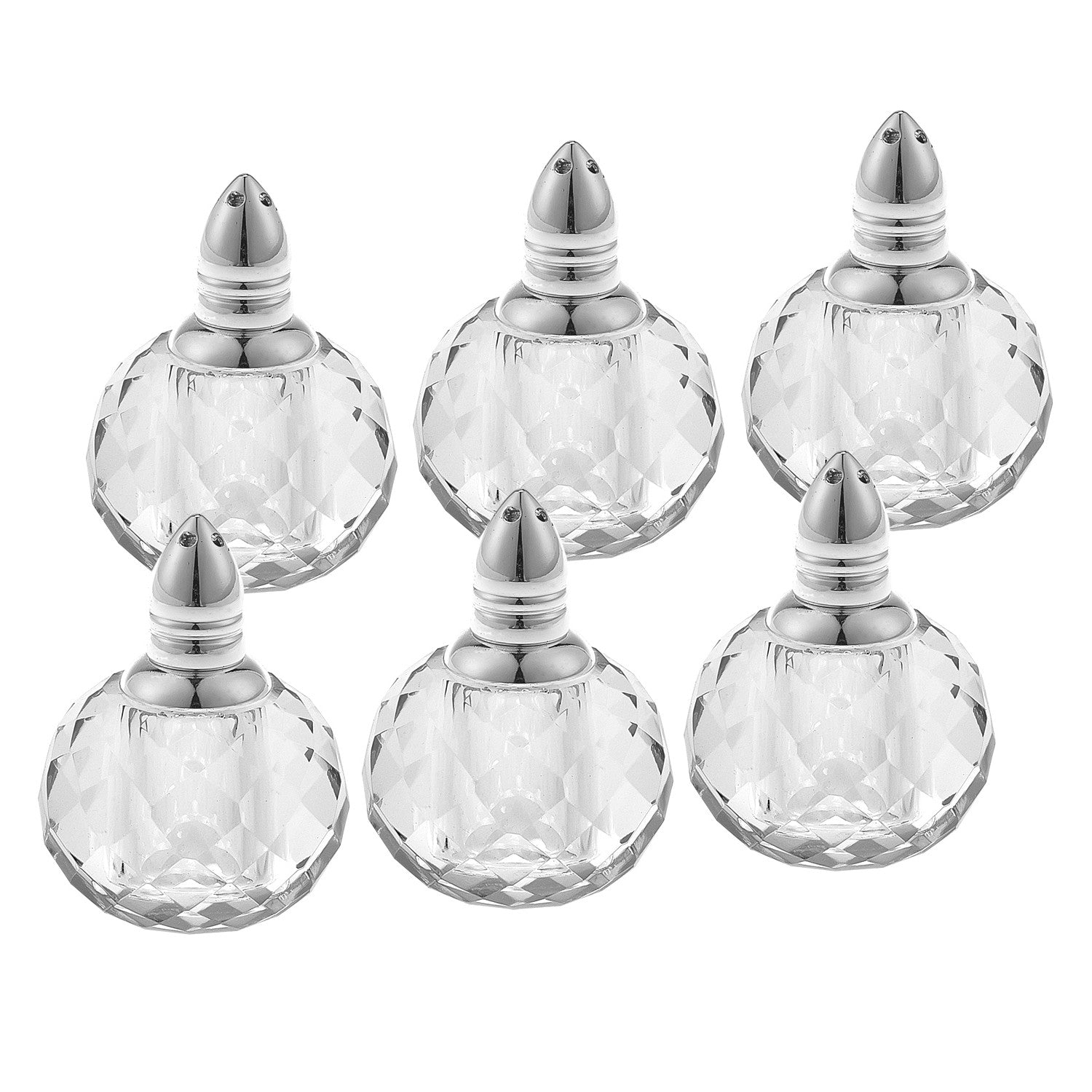 Set of Six Clear And Silver Round Cut Crystal Salt and Pepper Shakers