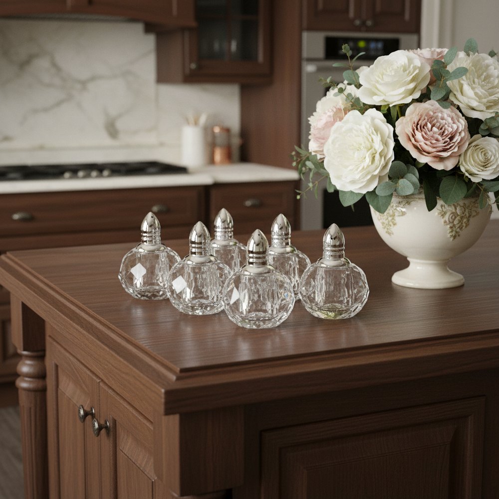 Set of Six Clear And Silver Round Cut Crystal Salt and Pepper Shakers