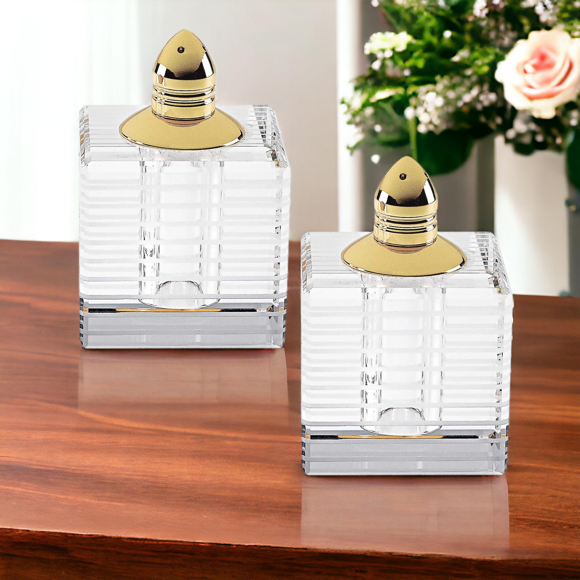 Set of Two Clear And Gold Crystal Striped Pepper Shakers