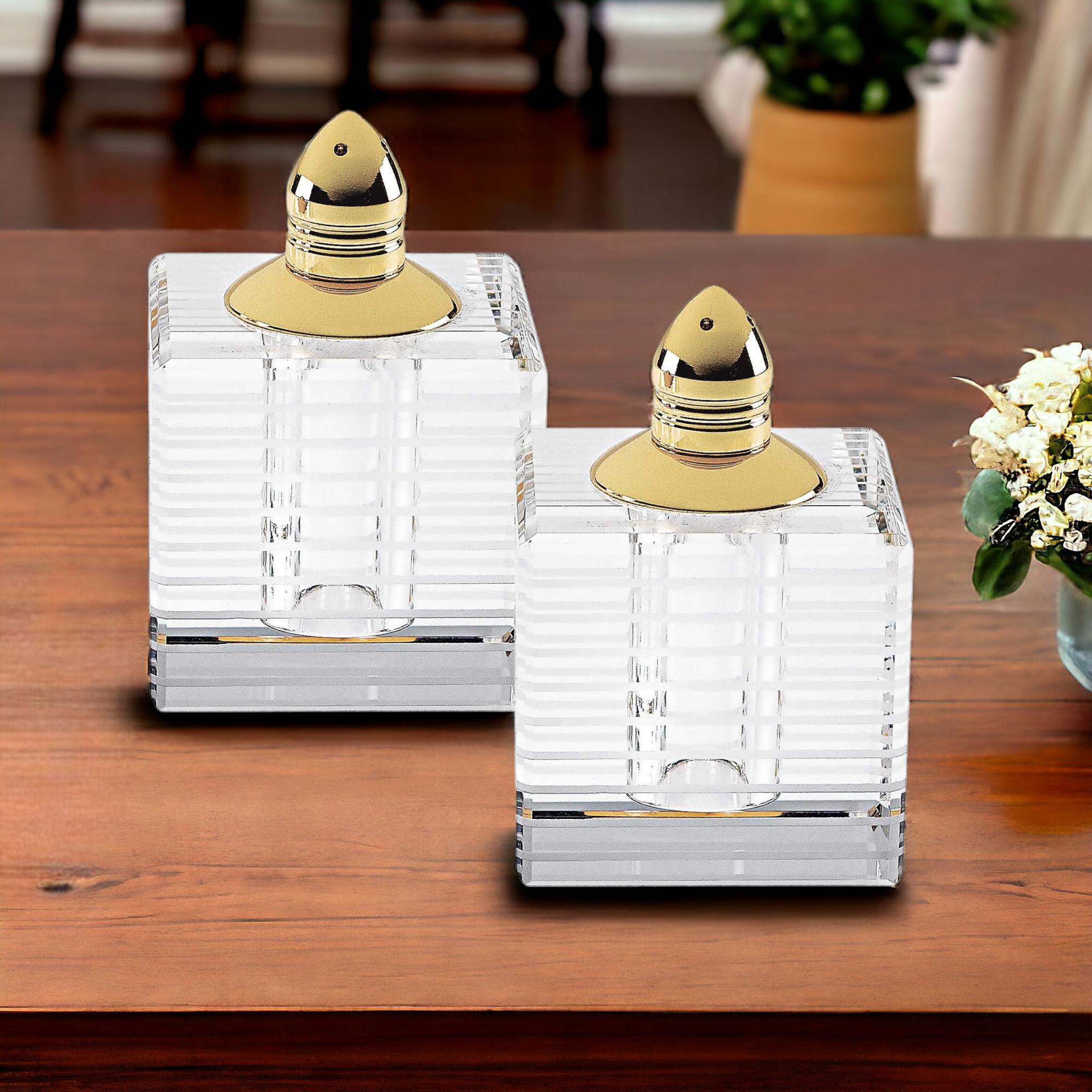 Set of Two Clear And Gold Crystal Striped Pepper Shakers
