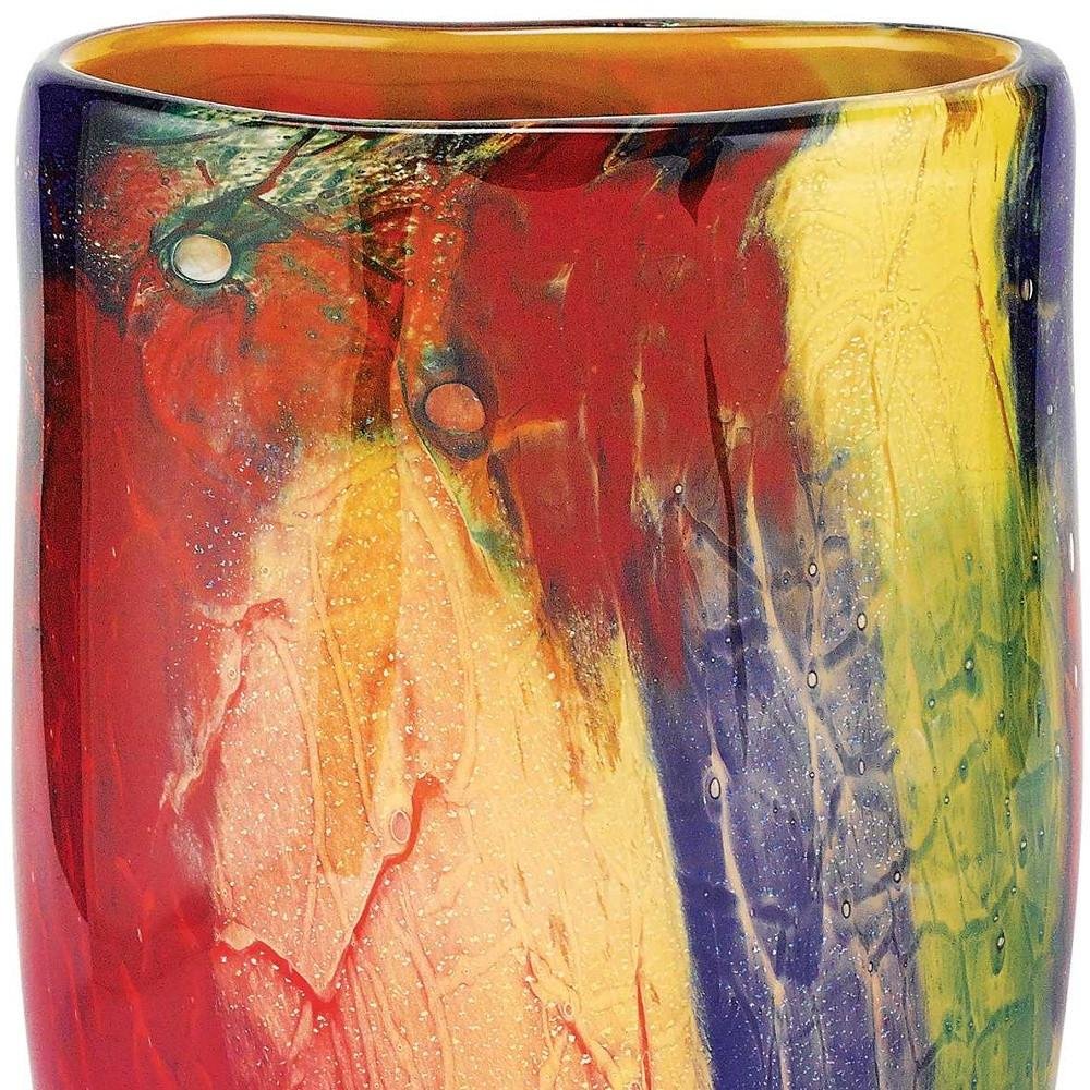 11"  Red Purple And Yellow Abstract Oval Murano Glass Table Vase