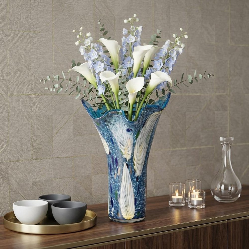 17" Blue And Green Cylinder Crystal Glass Table Vase