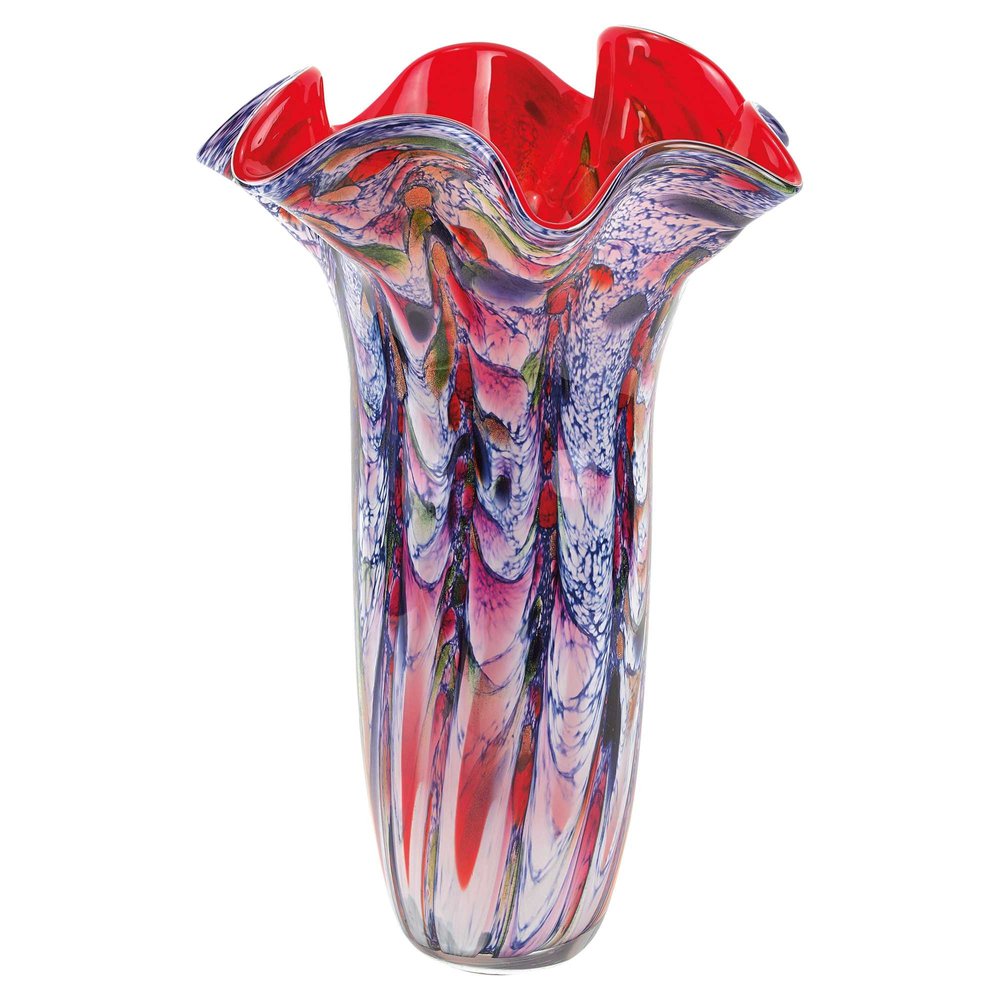 17" Blue Red And White Abstract Wavy Murano Glass Table Vase